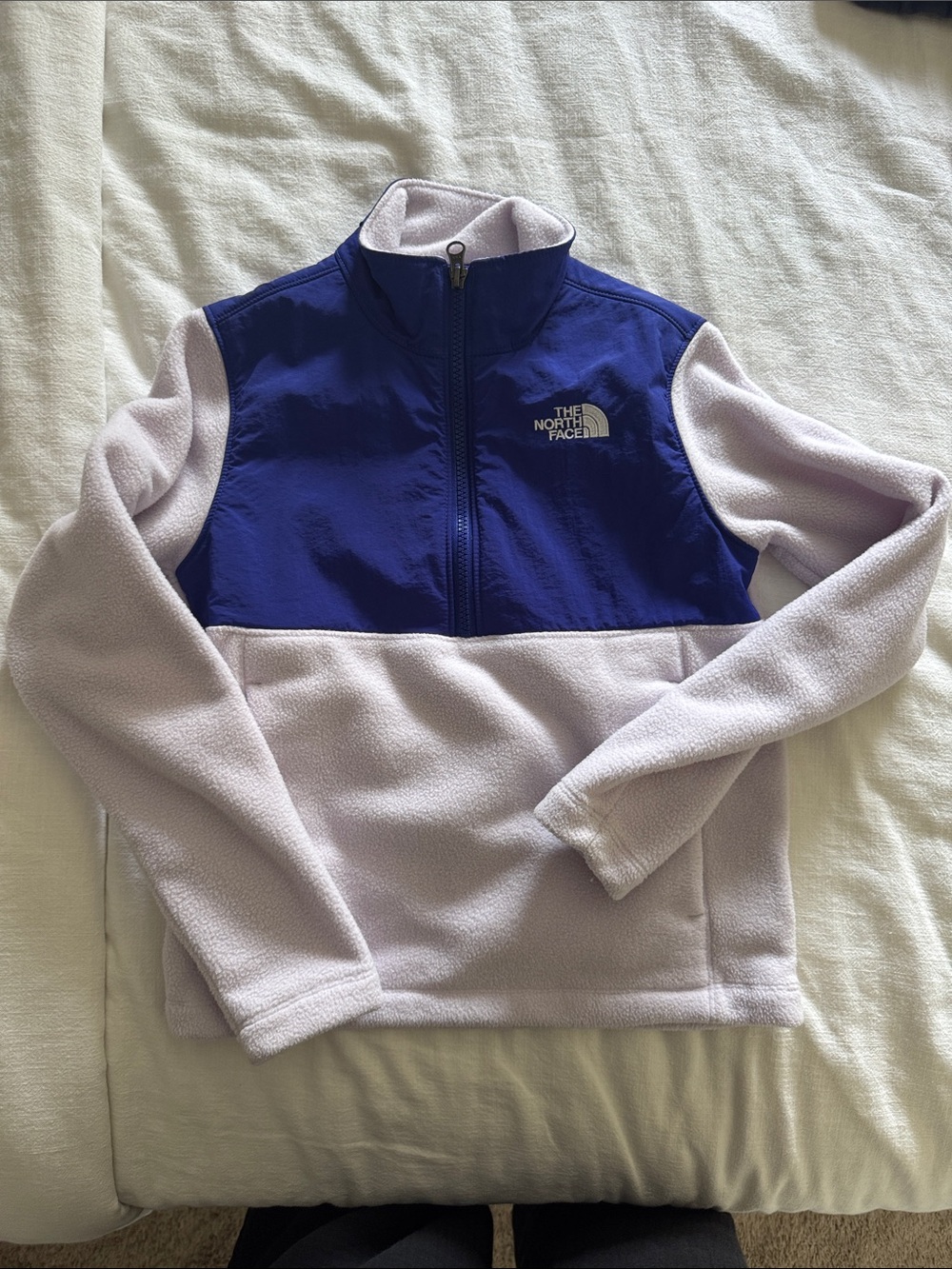 The North Face Lavender Fleece with Royal Blue Chest Panel Kids Pullover